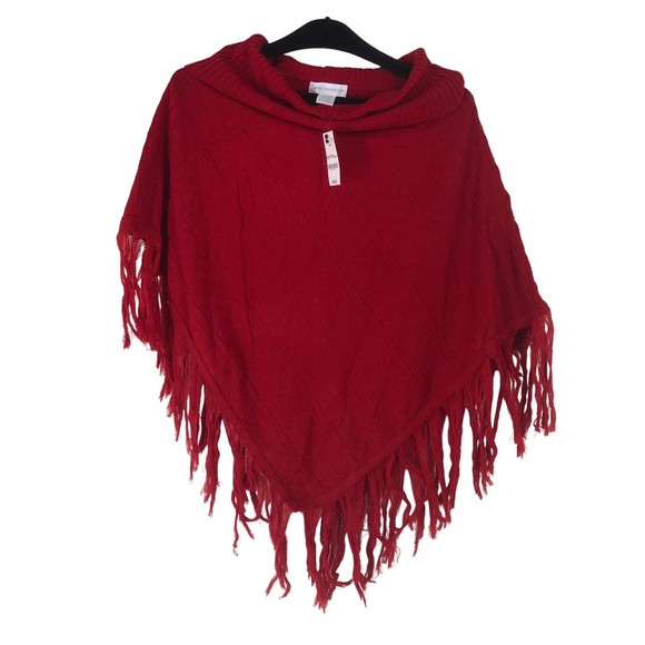 Lipstick Red Basketweave Knit Poncho Sweater w/Chunky Fringe, Cowl Neck sz OS - Picture 1 of 7
